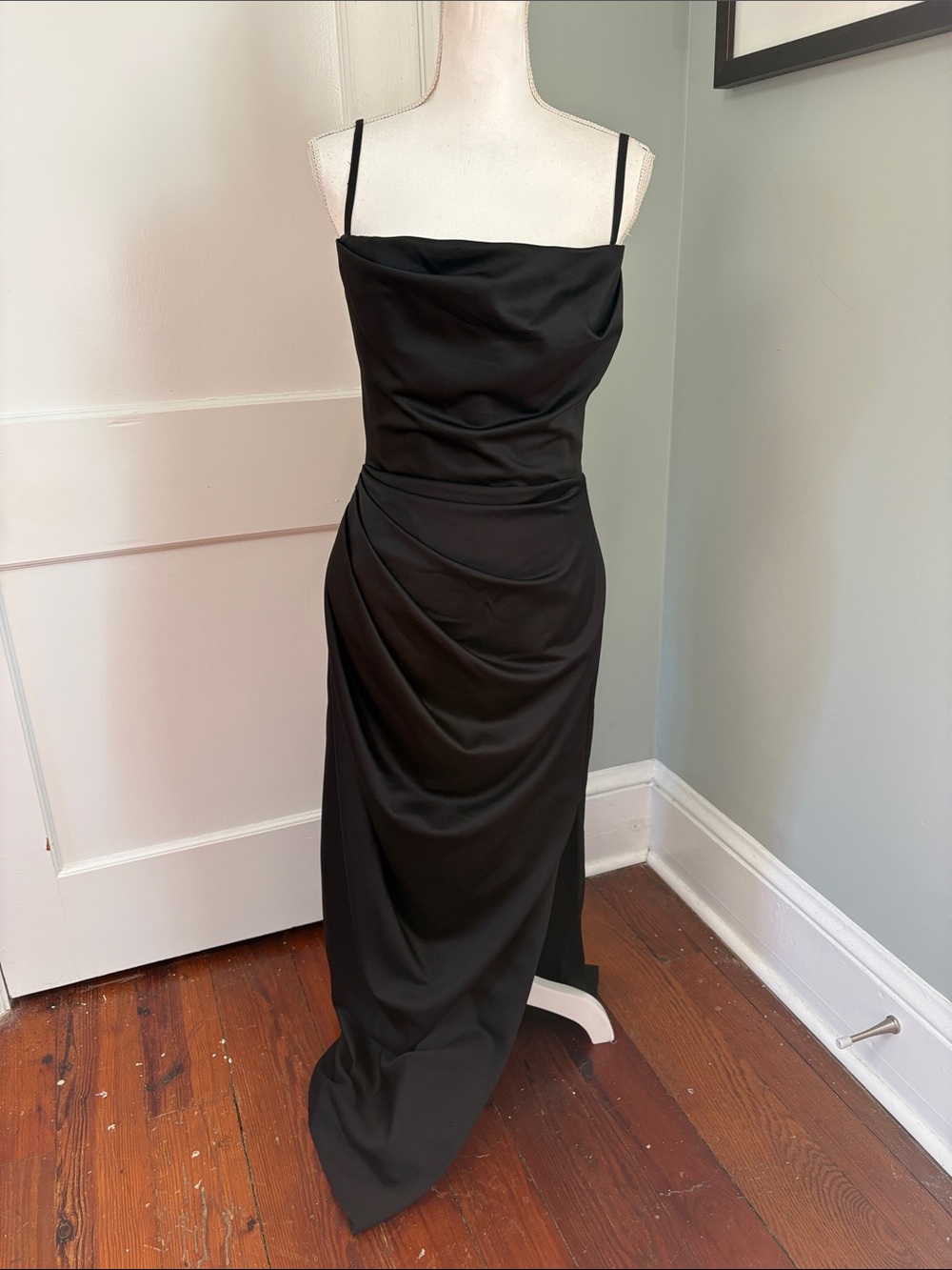 House of CB Elegant Black Draped Slip Dress Spaghetti Straps Size Medium
